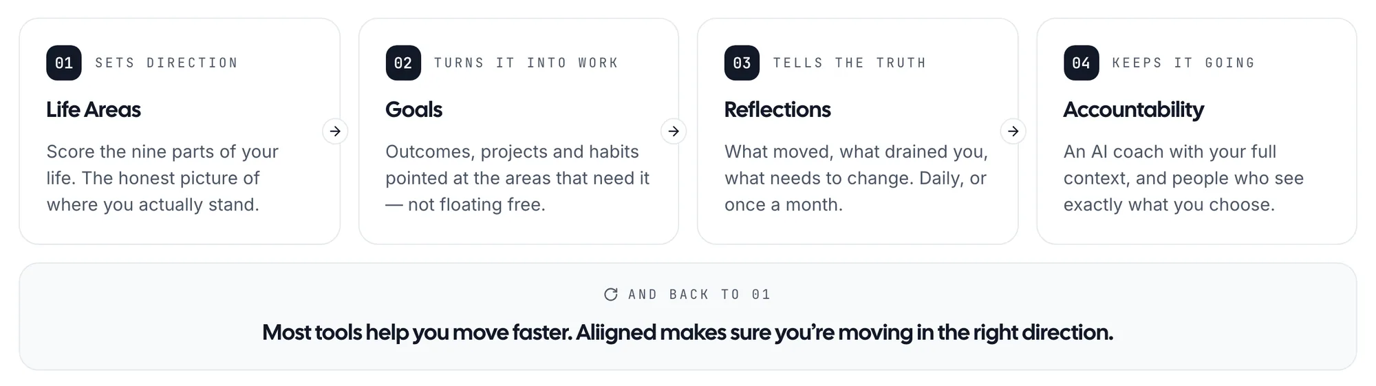 Aliigned four parts: Life Areas, Goals, Reflections and Accountability
