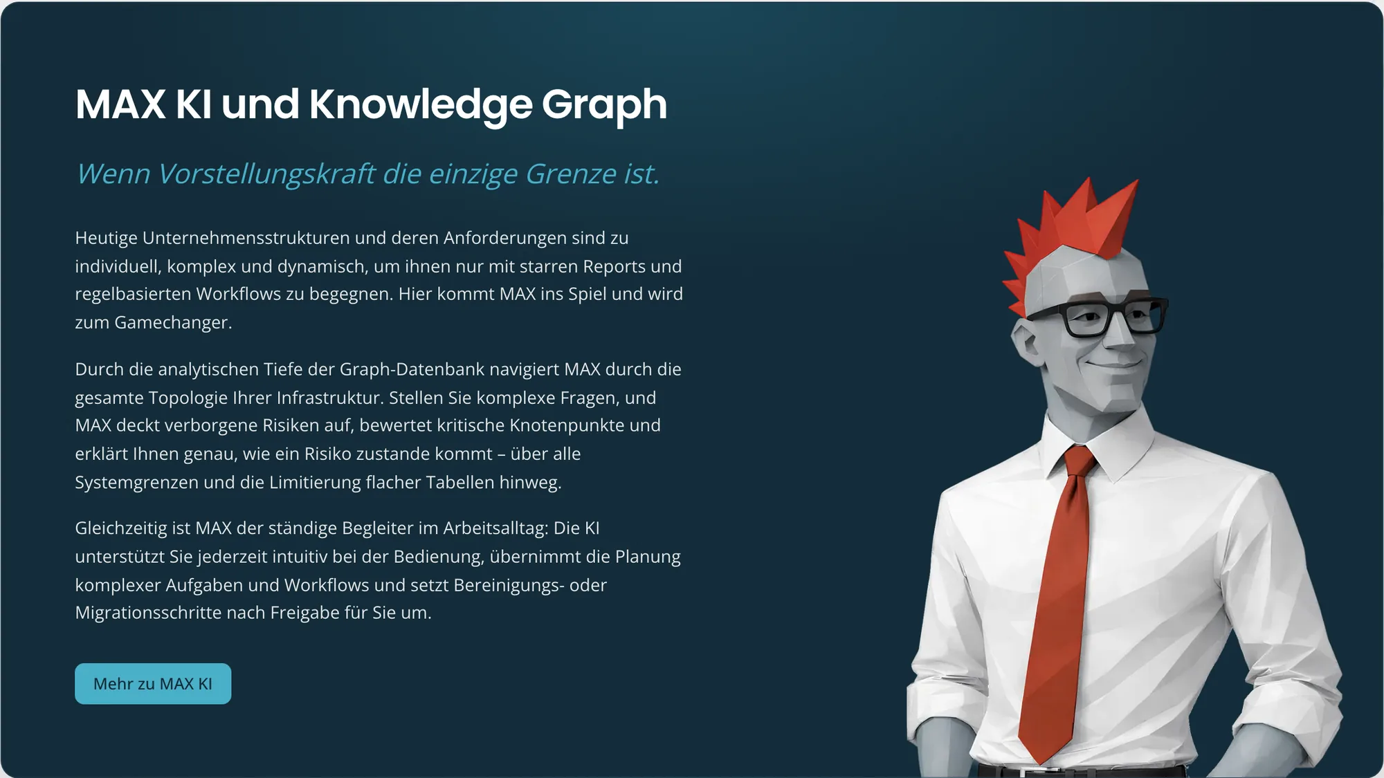 migRaven.MAX section introducing MAX AI and the knowledge graph with the MAX character