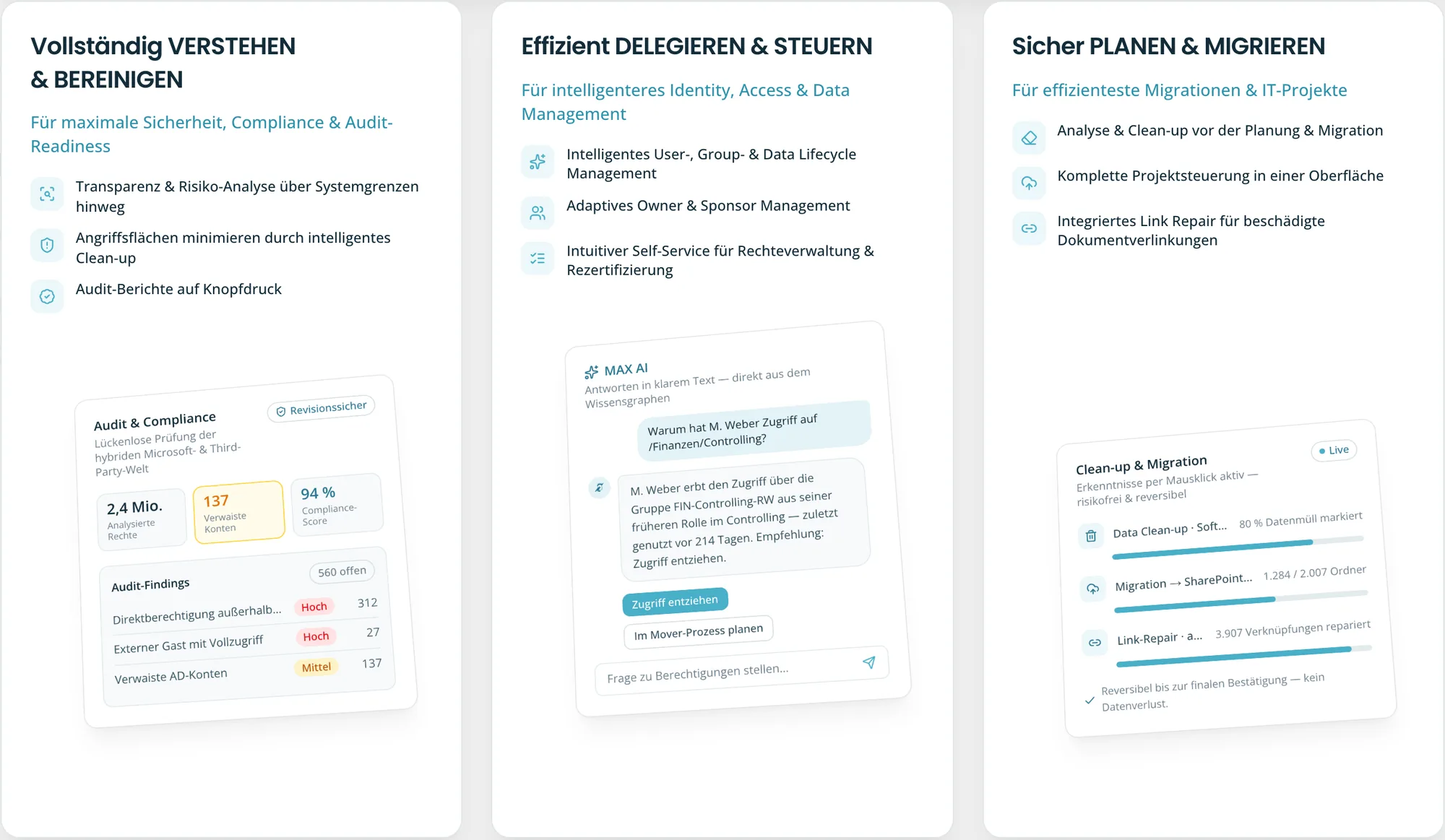 Three value pillars with live product cards for audit, AI answers and migration